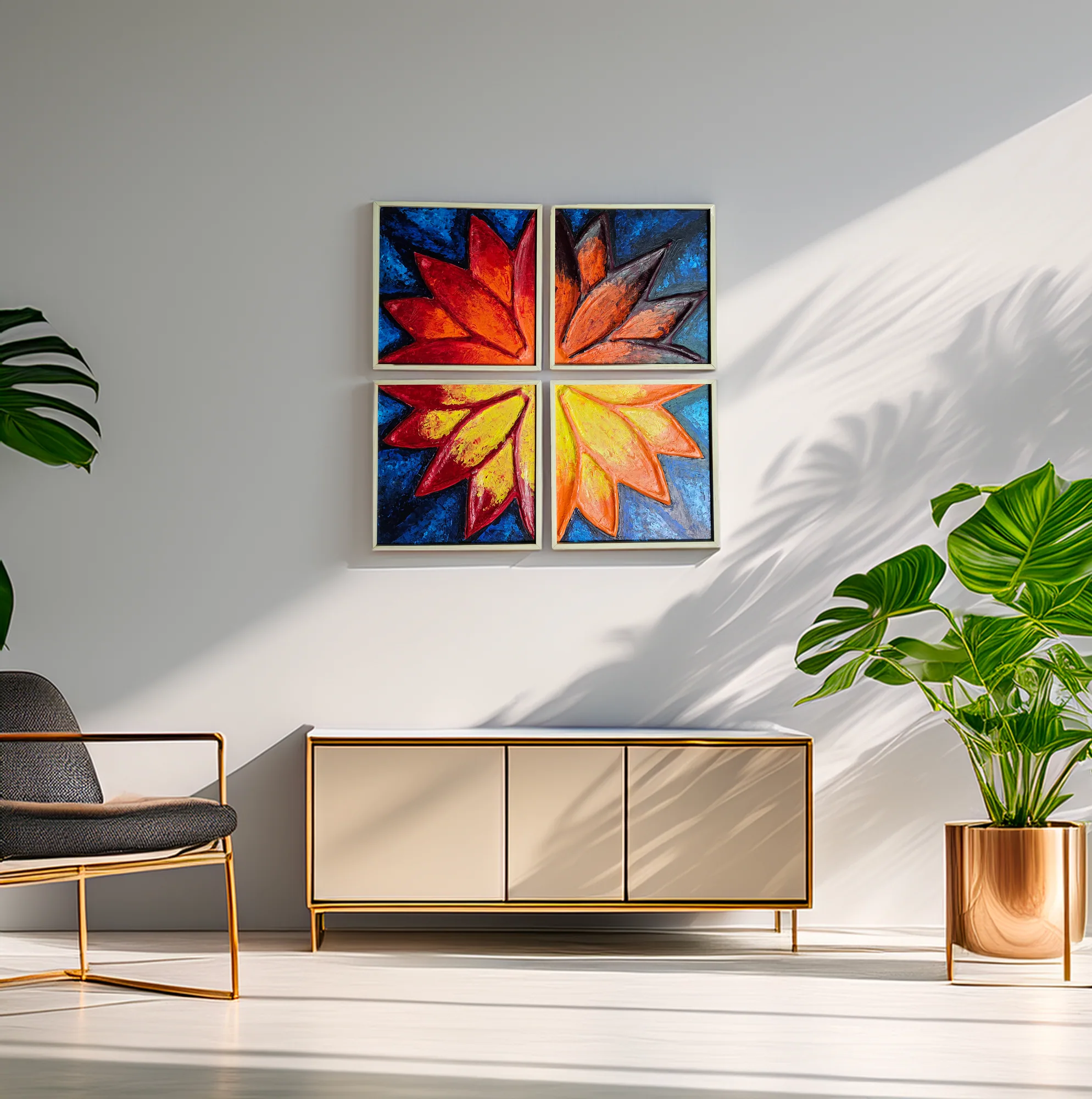 Work by Simpy Bansal hanging above a console in a lived-in room