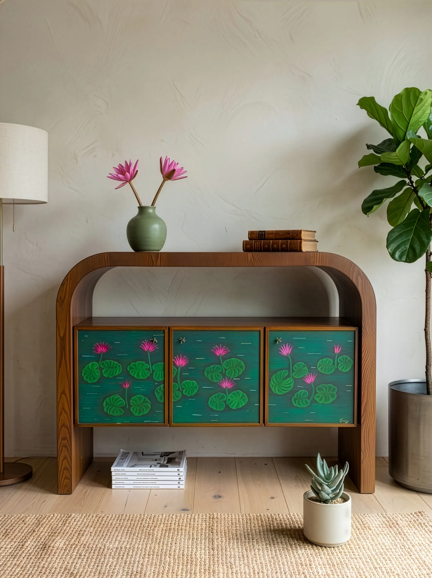 A console painted with lotuses by Simpy Bansal, in a lived-in room